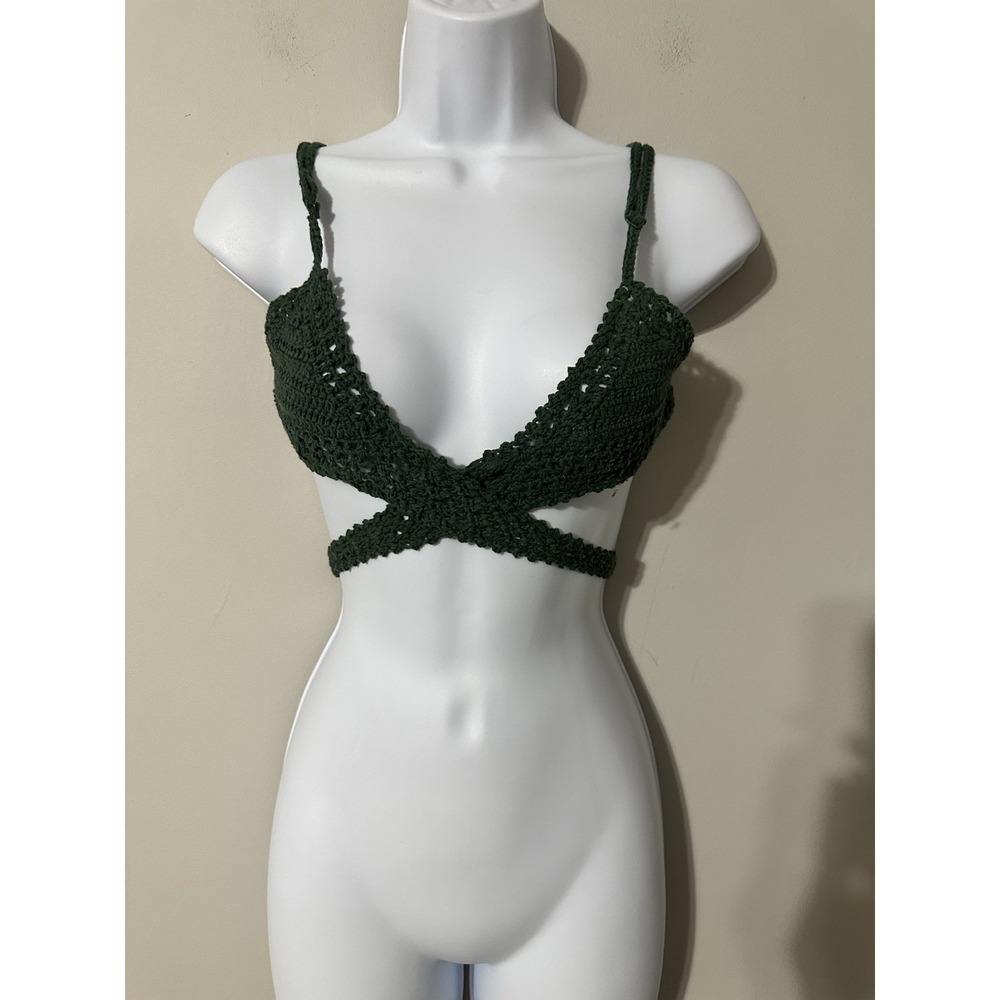 Handmade She Made Me Cotton Crochet Halter Wrap Top‎ Green Boho Bikini Sz M/L